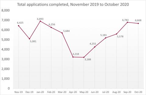 LSANI Line Graph - LAMS Total Applications Completed - From November 2019 to October 2020